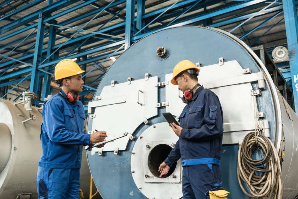 Expert Inspecting Industrial Boiler for Safety and Quality