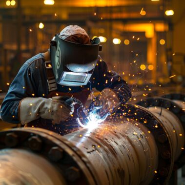 Technician welding a boiler pipe, sparks flying,