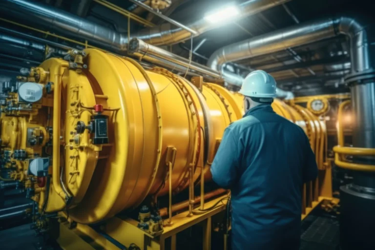 Technician inspecting a large industrial boiler in compliance with Arizona commercial boiler inspection requirements
