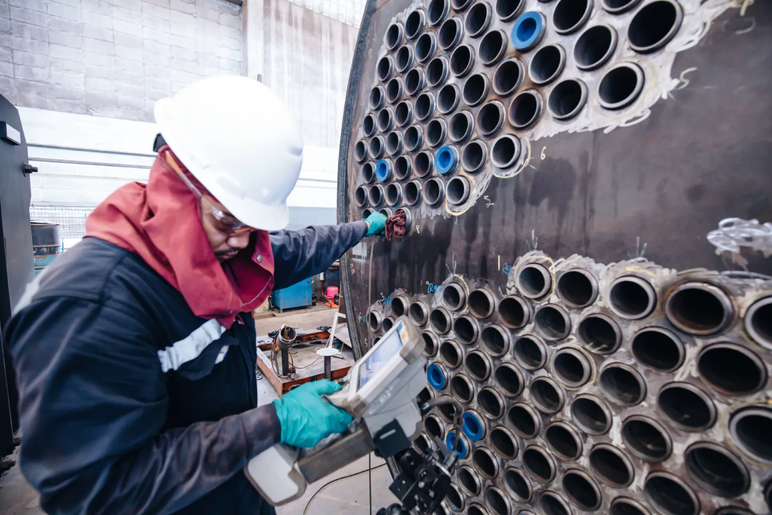 Technician performing boiler preventative maintenance plans inspection on industrial tube boiler using diagnostic equipment