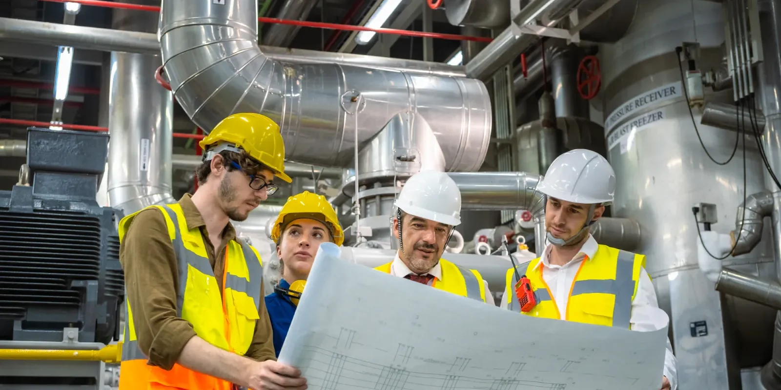 boiler-room-design-team-reviewing-plans Engineering team reviewing boiler room design plans in a mechanical facility