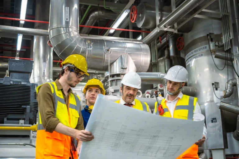 Engineering team reviewing boiler room design plans in a mechanical facility