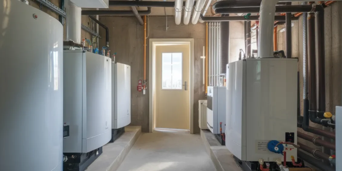 Commercial boiler efficiency upgrades in an Arizona facility mechanical room with multiple condensing units and overhead piping