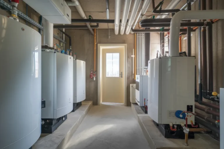 Commercial boiler efficiency upgrades in an Arizona facility mechanical room with multiple condensing units and overhead piping