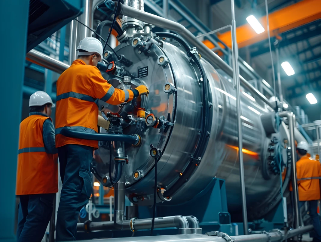 A crew of technicians performing a commercial boiler installation in AZ on a large industrial boiler unit inside a heavy-duty facility.