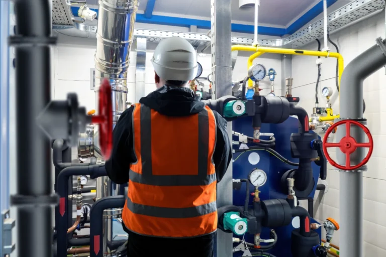 A certified technician inspecting a commercial boiler installation in AZ, checking pressure gauges and piping connections in an industrial facility.