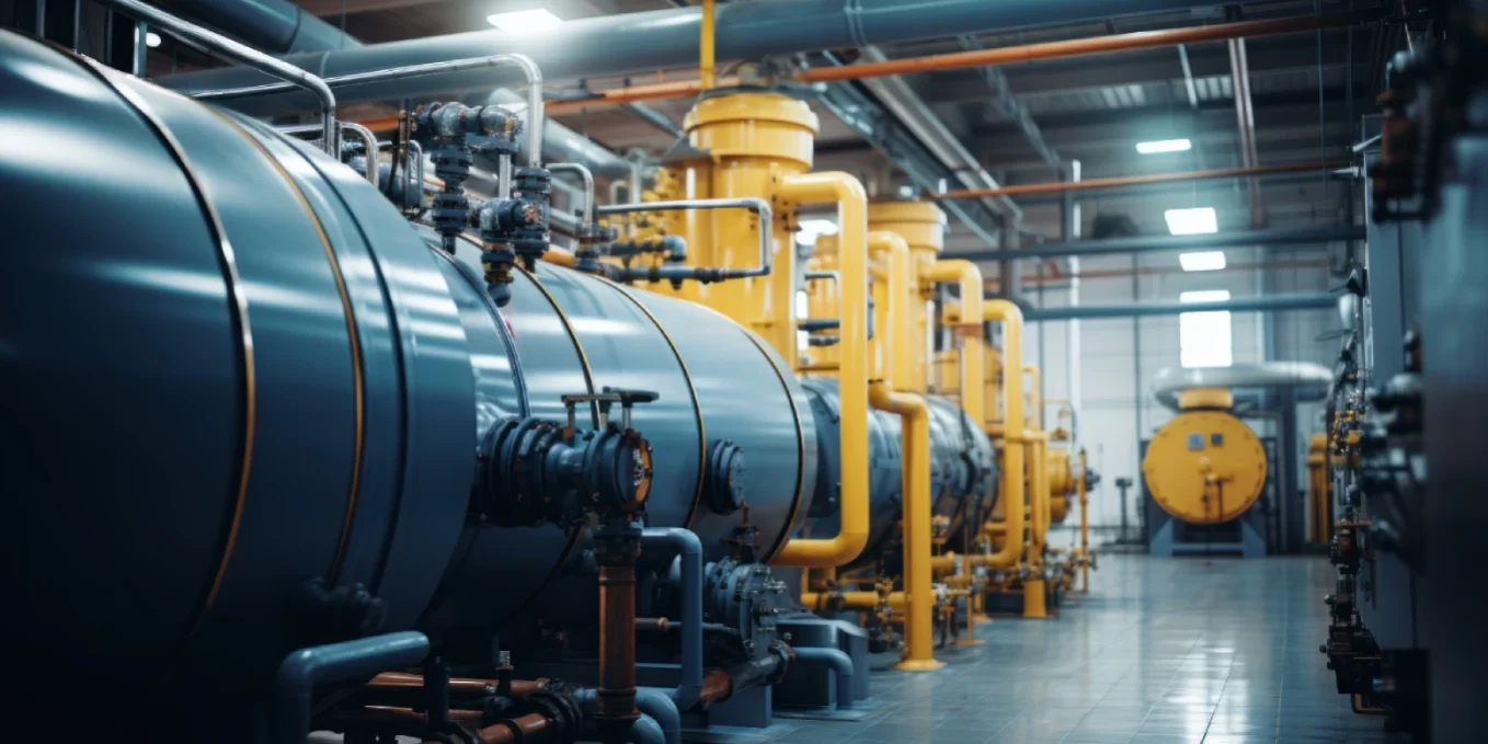 Modern industrial boiler room with tanks and piping used for commercial boiler maintenance in Phoenix