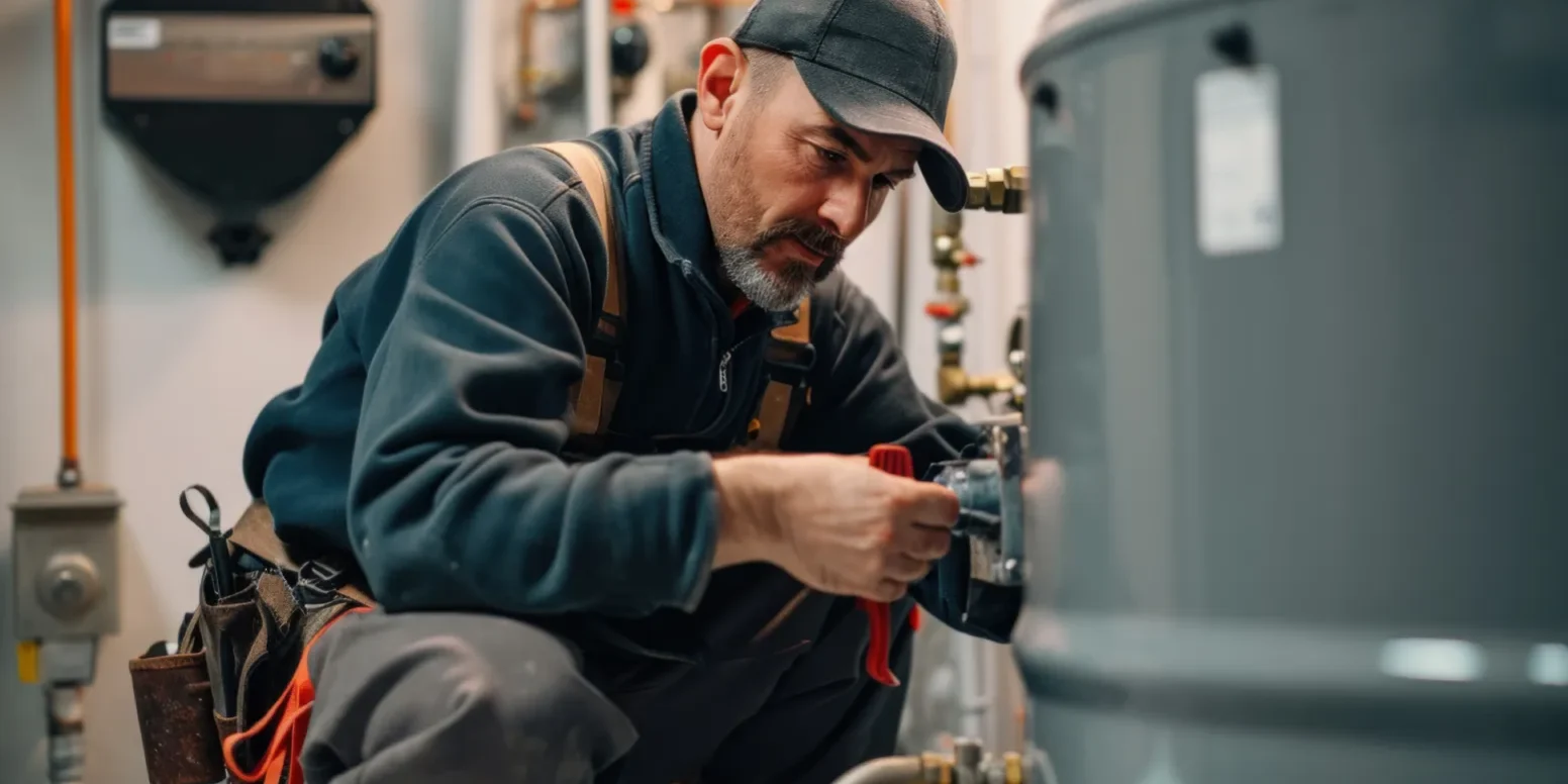Commercial boiler repair AZ technician inspecting valve connections in a boiler room