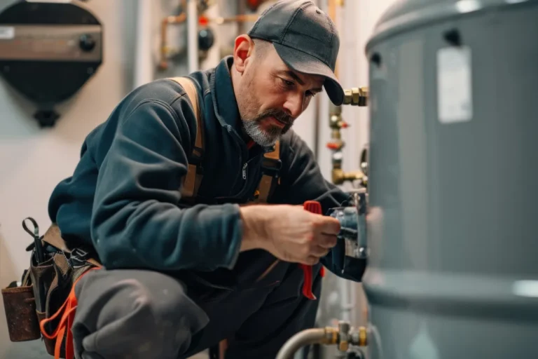 Commercial boiler repair AZ technician inspecting valve connections in a boiler room