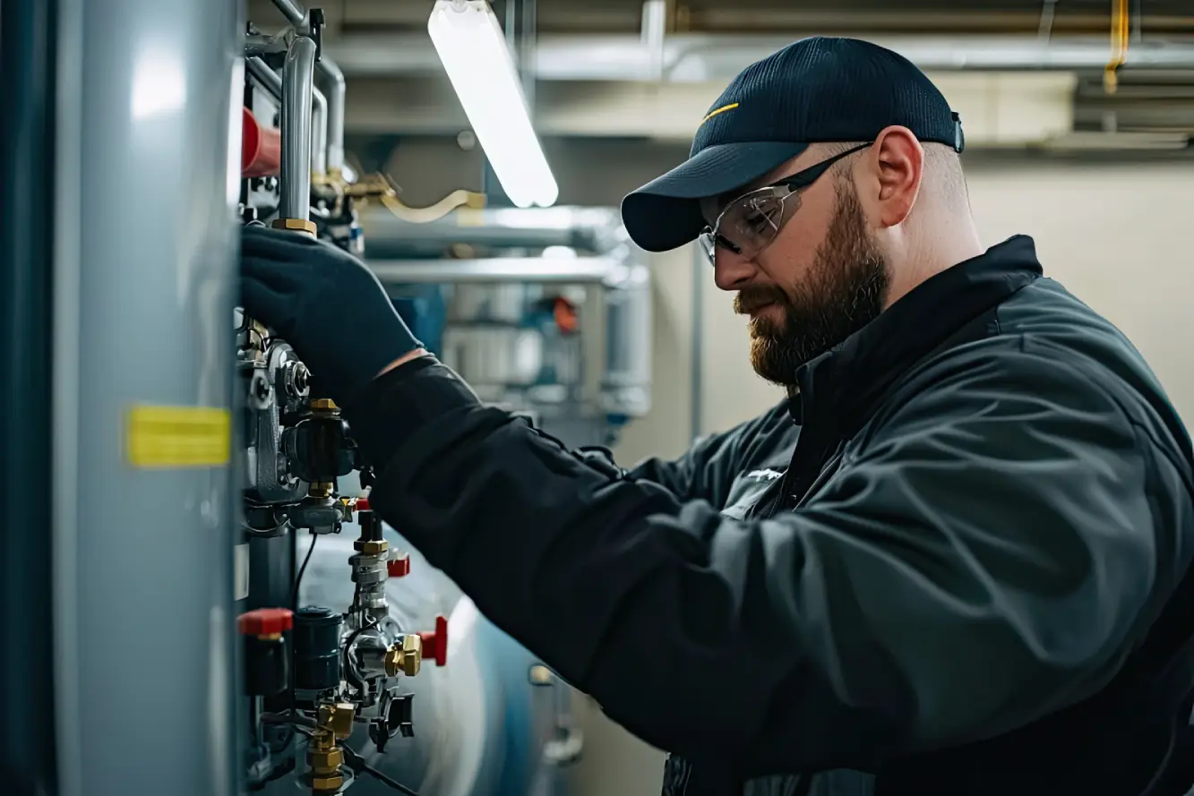 Technician performing emergency boiler services on a commercial boiler in a professional mechanical environment
