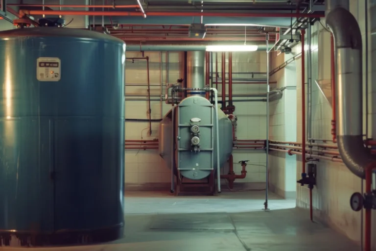 Large commercial water heaters and boilers in a commercial building supported by emergency boiler services