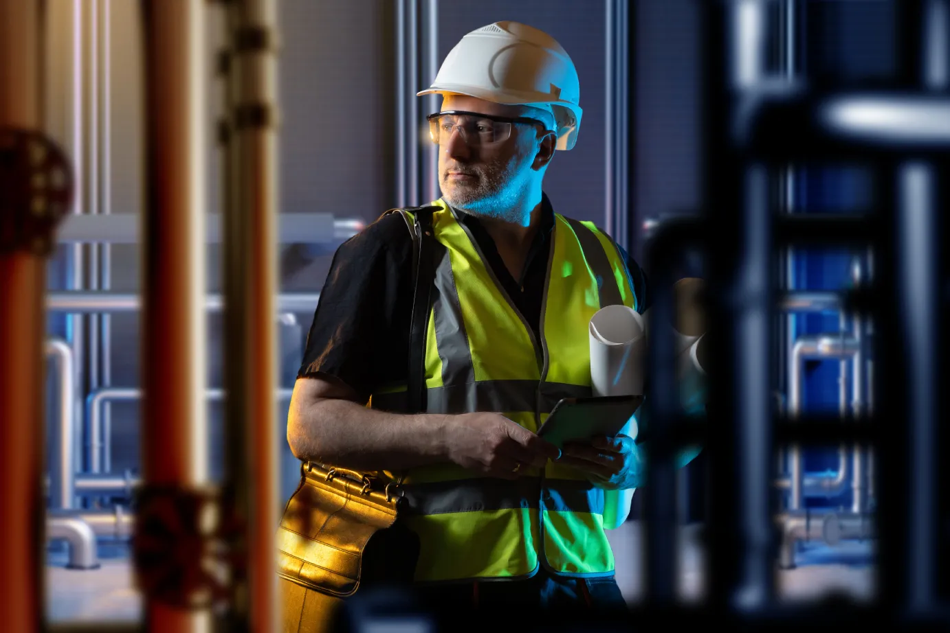 Engineer inspecting piping during a boiler room design review