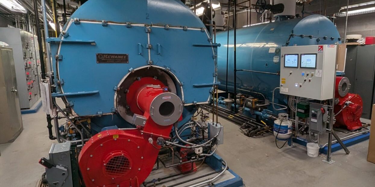 Water treatment for commercial boilers in an Arizona facility showing Kewanee boilers with burner assembly and control panel